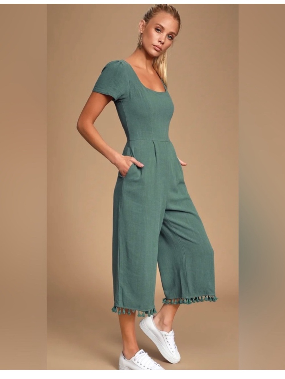 Lulus Leisure Olive Green Short Sleeve Linen Blend Tasseled Culotte Jumpsuit - Picture 2 of 5